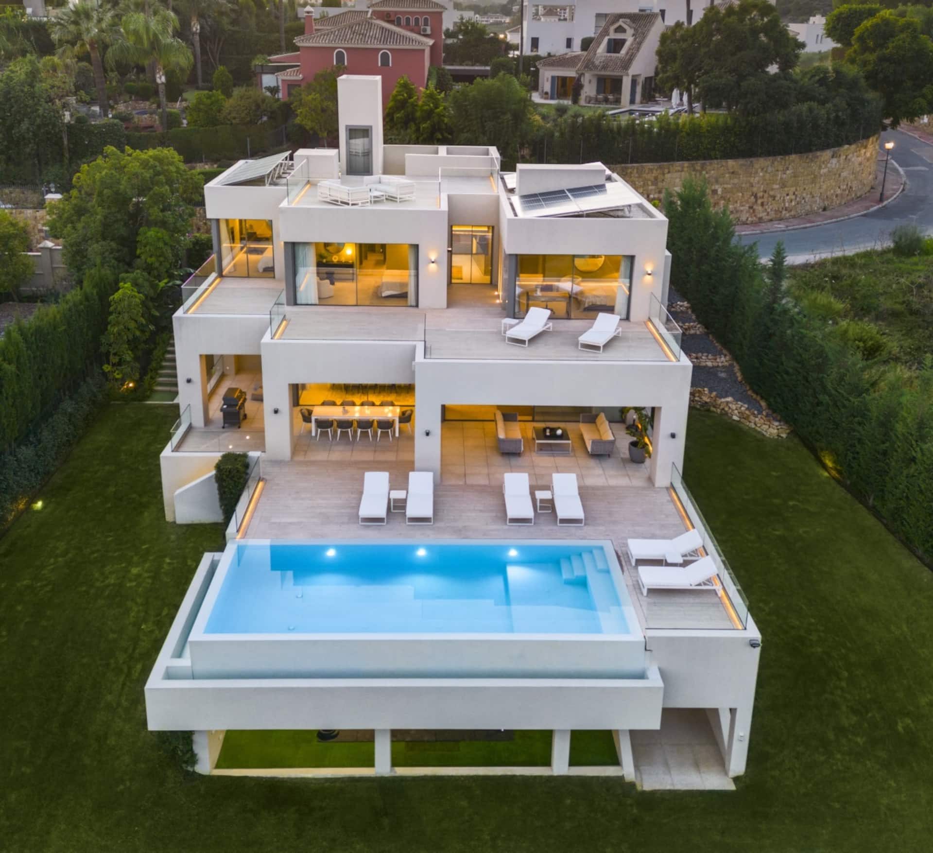 Villa Miranda — luxury villa in Nueva Andalucía, Marbella at dusk